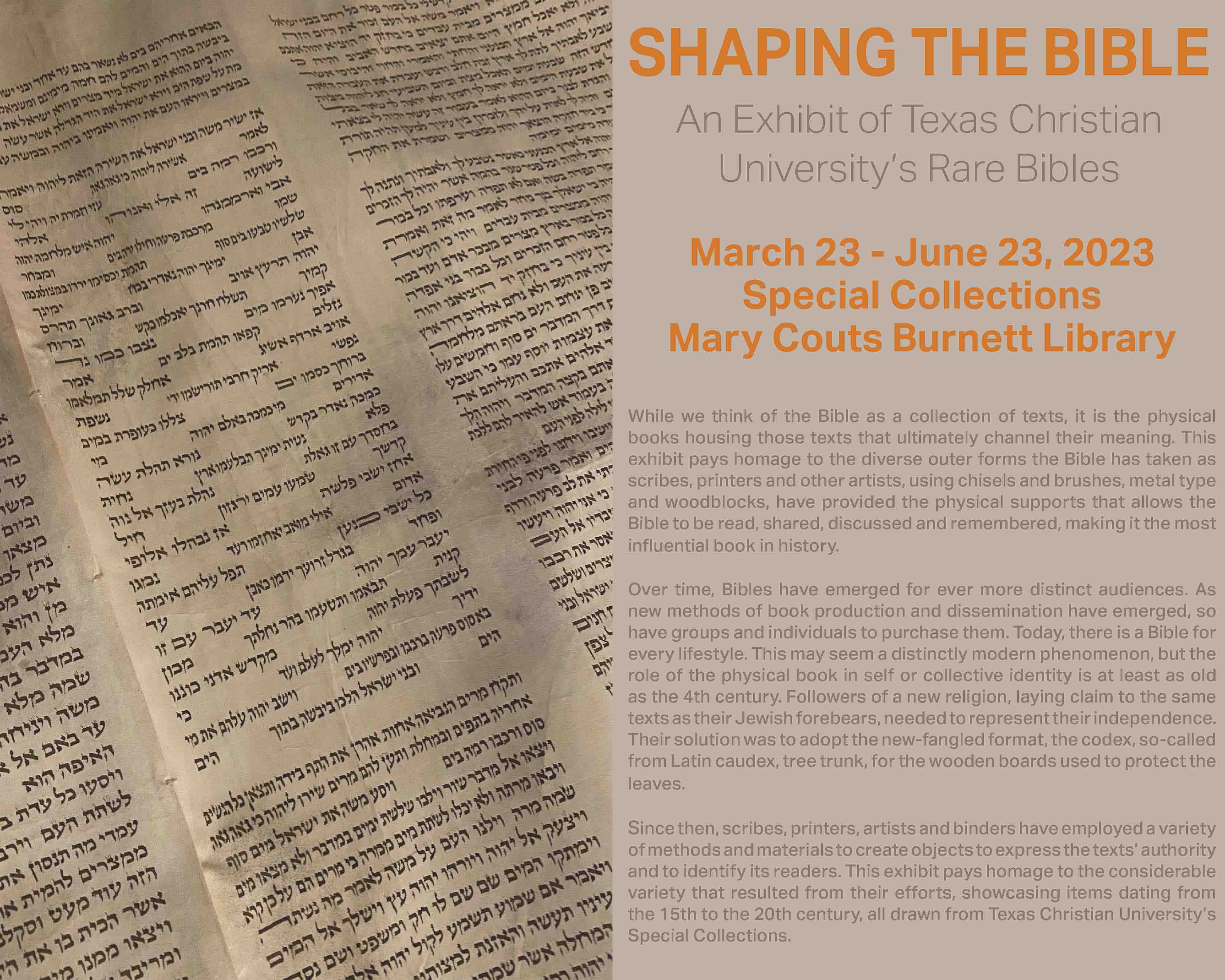 Shaping the Bible Exhibit March 23-June 23, 2023