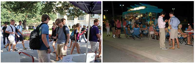 Left: Students walking on campus. Right: Students at the Chunky Monkey food truck outside of the library.