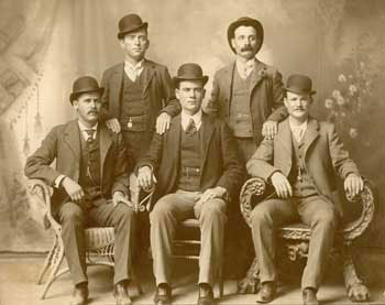 One of the Swartz brothers' best-known photographs shows the five members of the Wild Bunch: Harry Longbaugh (Sundance Kid), Ben Kilpatrick, Robert Leroy Parker (Butch Cassidy), Will Carver, and Harvey Logan).