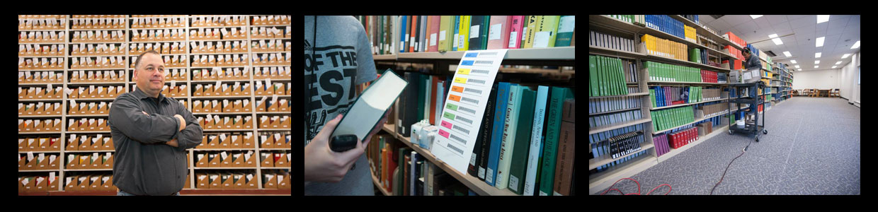 Left to right: James Lutz, sorting books by size, library staff moving books.