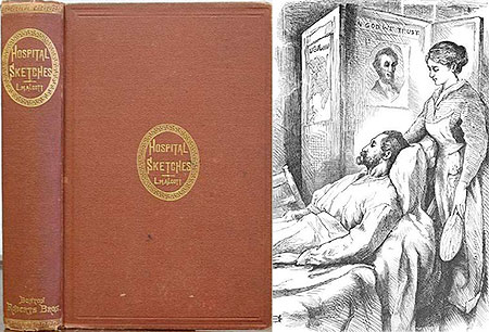 Cover and illustration from Louisa May Alcott's <i>Hospital Sketches and Camp and Fireside Stories</i>.