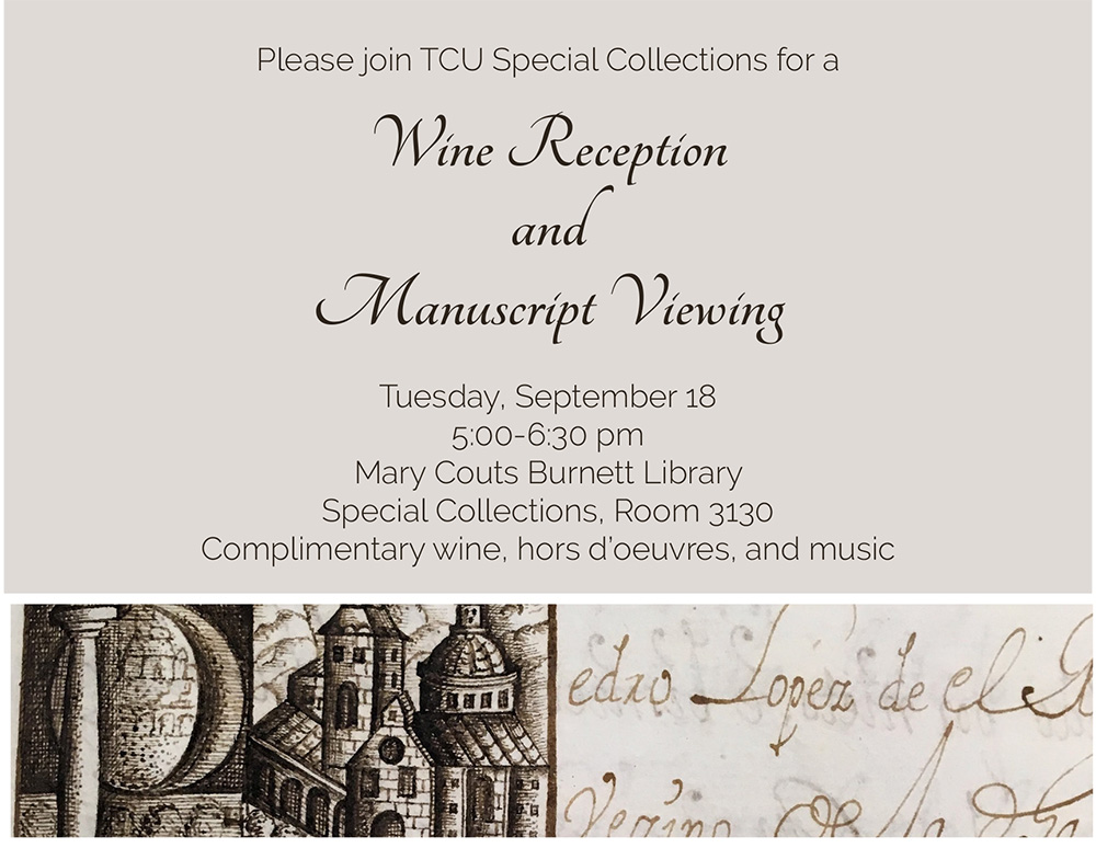 Invitation for a wine reception and manuscript viewing in Special Collections.
