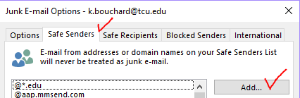 "Safe Senders" tab in Junk E-mail Options menu